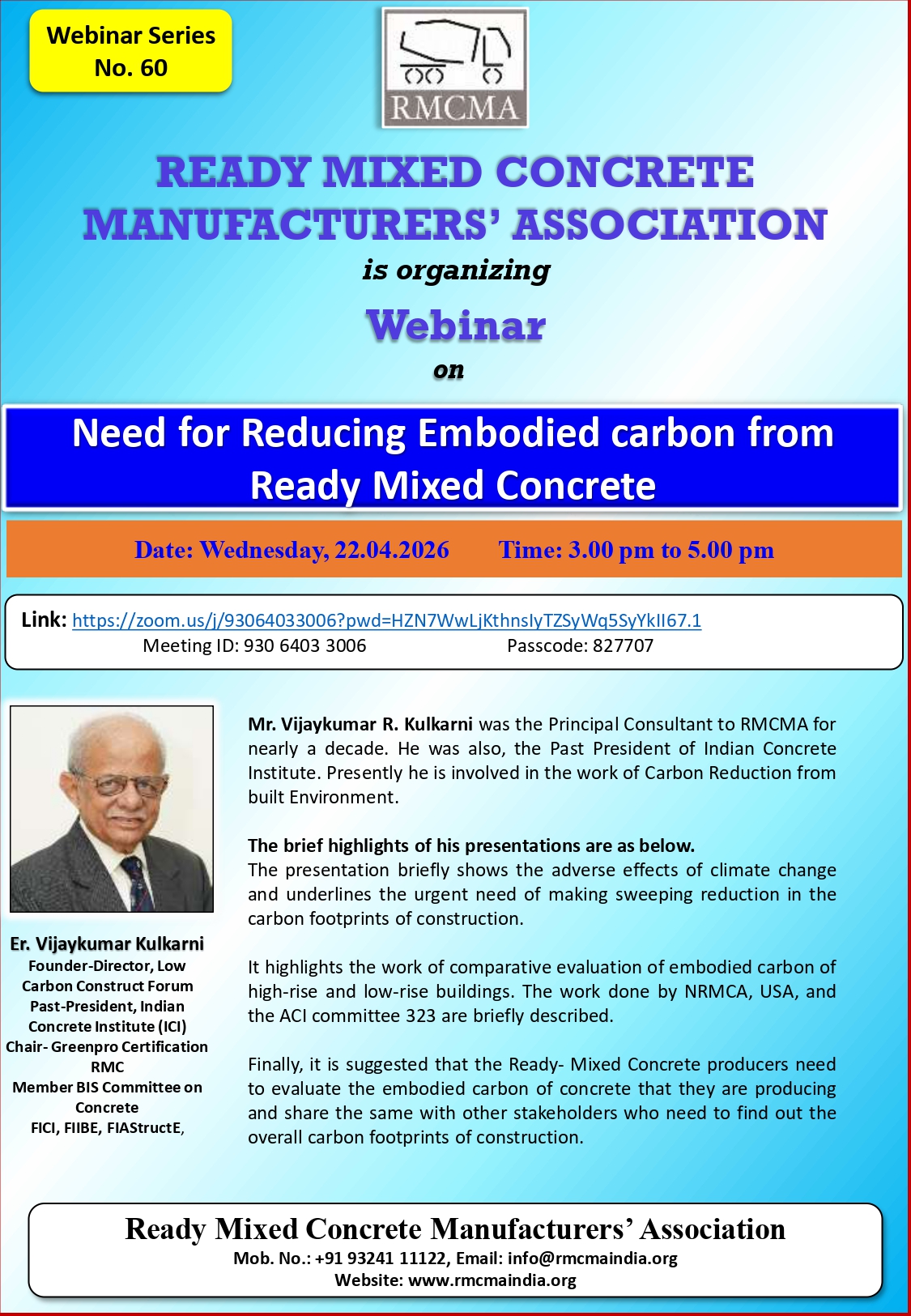 Webinar on “Need for Reducing Embodied Carbon from Ready Mixed Concrete”.